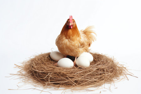 Generative AI : Hen in nest with eggs isolated on whiteの素材