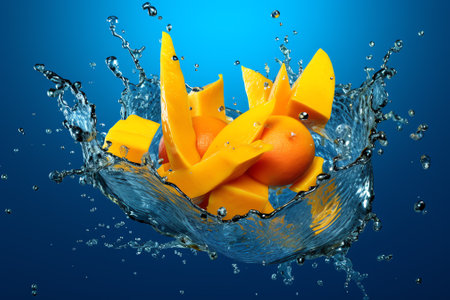 Generative AI : Lemon Slices falling deeply under water with a big splash on blue backgroundの素材