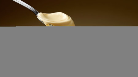 Spoon of mayonnaise on a brown background with copy spaceの素材