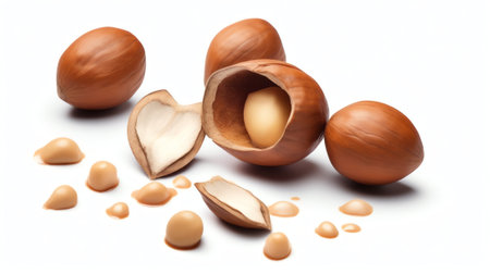 Generative AI : Hazelnut isolated Hazel set on white background Hazelnut in broken shell white nut whole nut Collection Full depth of fieldの素材