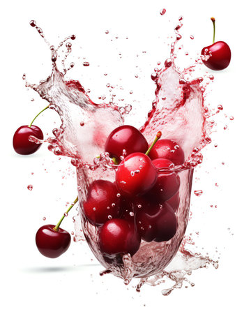 Generative AI : Falling cherries with leaves Cherries isolate Cherry on white Sour cherryの素材
