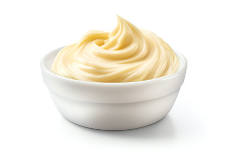 Generative AI : Mayonnaise isolated Mayo swirl on white background Mayonnaise set side view Mayonnaise swirl on salad leafの素材