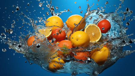 Generative AI : Orange Slices falling deeply under water with a big splash on blue backgroundの素材