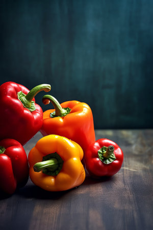 Generative AI : Organic paprika peppers with slice over wooden tableの素材