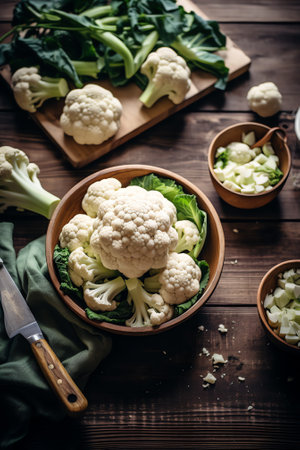 Generative AI : Organic cauliflower on wooden backgroundの素材