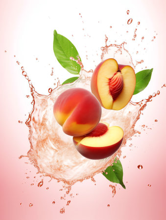 Generative AI : Peach is falling into milk Splash isolated on white backgroundの素材