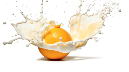 Generative AI : Peach is falling into milk Splash isolated on white backgroundの素材