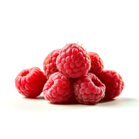 Generative AI : Raspberries isolate set Raspberry isolated on white background Red berry closeupの素材