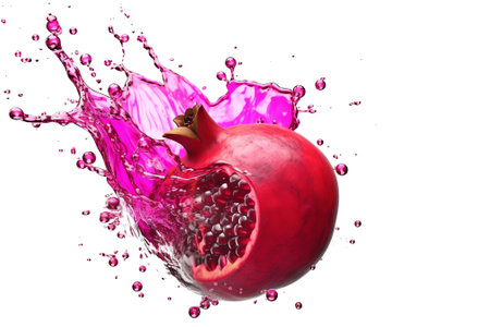 Generative AI : Pomegranate is falling into milk Splash isolated on white backgroundの素材