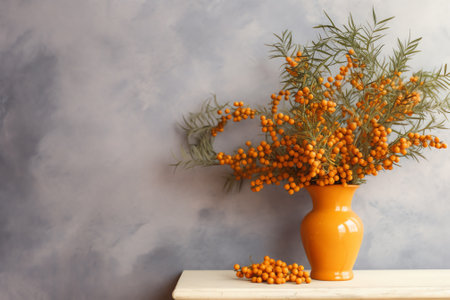 Generative AI : Sea buckthorn Fresh ripe organic berries on wooden backgroundの素材