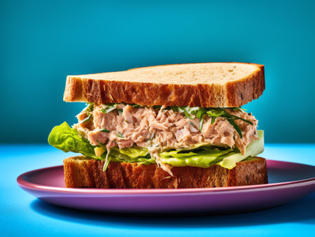 Generative AI : Tuna Canned fish on green lettuce leafの素材