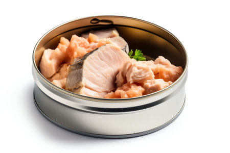 Generative AI : Tuna fish isolated Canned tuna pieces in a bowl Tuna can on white background Collectionの素材