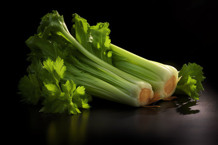 Generative AI : Vegetables on wood top view background Celery vegetable on wood Celery top view Organic backgroundの素材