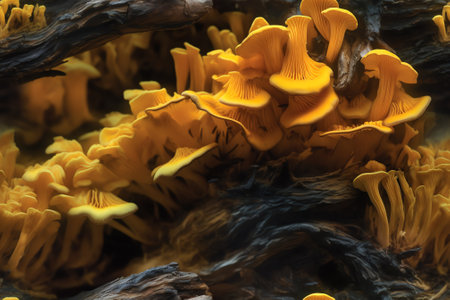 Generative AI : mushrooms Fresh chanterelle on a wooden tableの素材