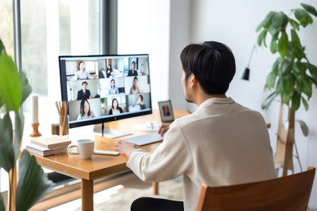 Generative AI : Asian business man colleagues making facetime video calling using zoom online meeting app via laptop computer at home office teleconference video conference work frの素材