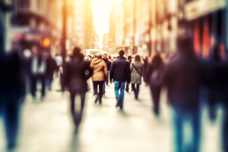 Generative AI : Abstract blurred background of people walking on sidewalk shopping at business area or street market in the city Gangnam Koreaの素材