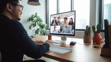 Generative AI : Asian business man colleagues making facetime video calling using zoom online meeting app via laptop computer at home office teleconference video conference work frの素材