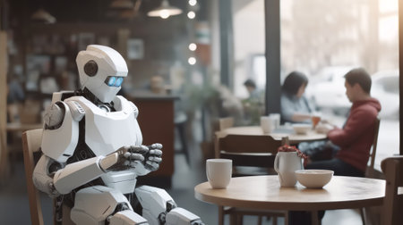 Generative AI : Artificial intelligence Ai concept casual man using mobile smart phone with chatbot application on screen in coffee shop chat bot social media internet network commの素材