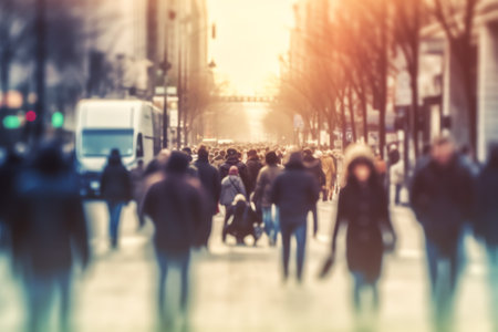 Generative AI : Blurred background of busy city street people on zebra crossingの素材