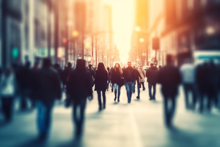 Generative AI : Blurred background of traffic on the road and people walking on sidewalk in city perspectiveの素材