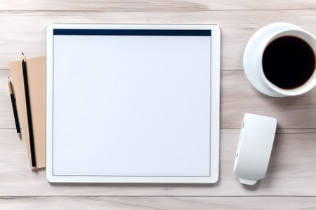 Generative AI : Blank screen tablet computer calculator and drawing set on house master plan on wooden office desk architecture workplace top viewの素材