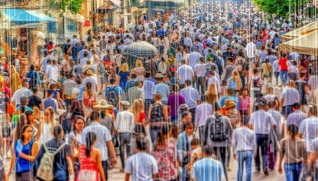 Generative AI : Blurred background people walking at outdoor street market business area in the city Crowd street in Korea Summer Holiday Shoppingの素材