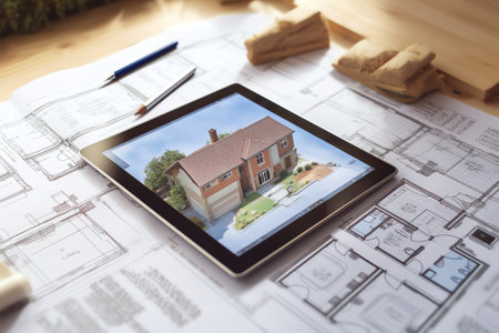 Generative AI : Blank screen tablet computer calculator and drawing set on house master plan on wooden office desk architecture workplace top viewの素材