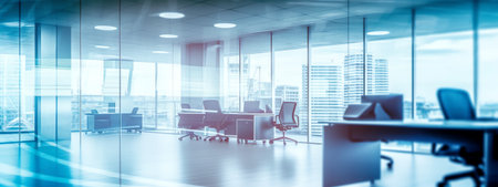 Generative AI : Blurred office interior space modern workplace or hospital can be used for business or medical background wide screenの素材