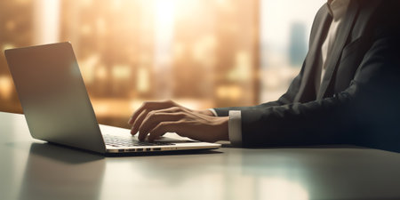 Generative AI : Business accounting concept Pen on glass desk with reflection blurred business man accountant working on laptop computer as background with copy space close upの素材