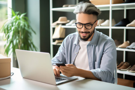 Generative AI : Casual business man scanning QR code on mobile smart phone with laptop computer on deskの素材