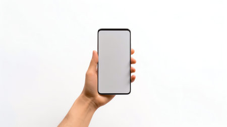 Generative AI : Casual man holding blank screen mobile smart phone make online shopping and using laptop computer internet browsing on phone concept digital 40 technology internetの素材