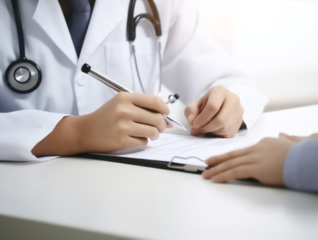 Generative AI : Close up of male doctor filling patient document on clipboard with black pen on white desk in hospitalの素材