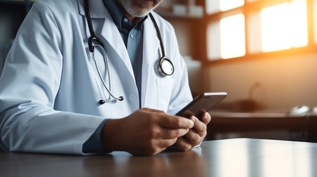 Generative AI : Close up of male doctor using mobile smartphone and working on laptop computer on white desk in hospital with copyspace electronic health records system EHRs telecoの素材