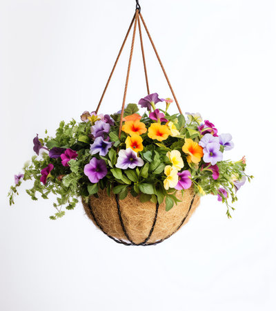 Generative AI : Close up of petunias hanging in the basket with soft backgroundの素材
