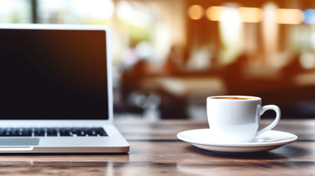 Generative AI : Close up of white cup of coffee notebook and laptop computer on wooden table in modern office with soft background and sunlight business and technology online workiの素材