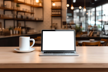 Generative AI : Close up of white cup of hot latte coffee and laptop computer on wooden table in coffee shop coworking space with soft background modern people lifestyle online worの素材