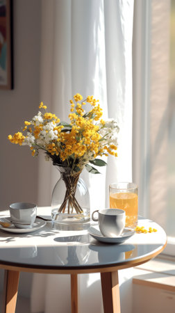 Generative AI : Cup of hot latte coffee on white marble dining table with flowers in vase near the window of modern coffee shop and morning light close upの素材