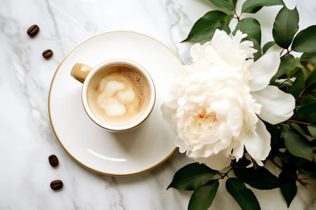 Generative AI : Cup of hot latte coffee on white marble dining table with flowers in vase near the window of modern coffee shop and morning light close upの素材