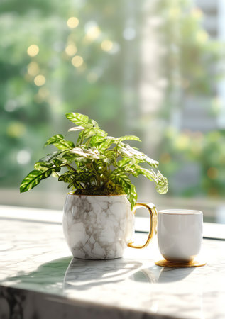 Generative AI : Cup of hot latte coffee on white marble dining table with flowers in vase near the window of modern home and morning light close upの素材