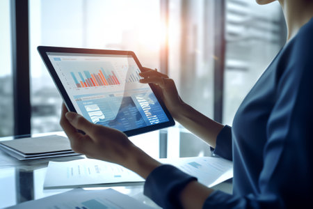 Generative AI : Data Search Technology Search Engine Optimization SEO concept Business woman hand using digital tablet and laptop computer searching information search console forの素材