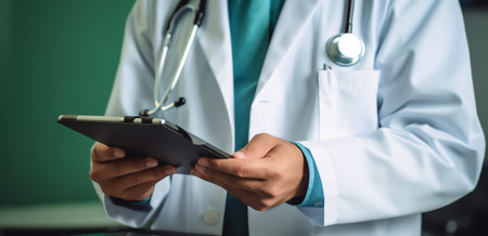Generative AI : Doctor holding stethoscope and touching on screen of digital tablet computer close up EHRs Electronic Health Record system EMRs Electronic Medical Record system e hの素材