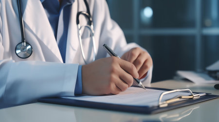 Generative AI : Doctor review patient information writing prescription and working on laptop computer in medical office in hospital close up telemedicine medical research conceptの素材