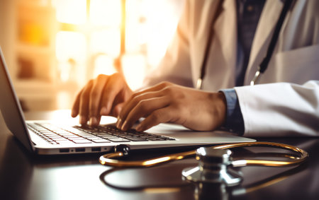 Generative AI : Doctor working on laptop computer and medical stethoscope on clipboard on desk telemedicine or teleconference electronics health record system EHRs electronics mediの素材