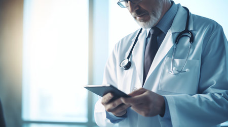 Generative AI : Doctor using stylus pen on digital tablet and working on laptop computer at doctor office Surgeon recording operation result on digital tablet electronic medical reの素材