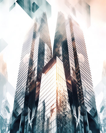 Generative AI : Double exposure of luxury modern highrise buildings and the city can use for business and finance background monochromeの素材