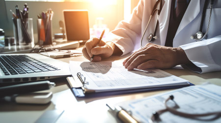 Generative AI : Male asian doctor holding a pen filling patients information document and working on laptop computer on office desk in doctor room telemedicine conceptの素材