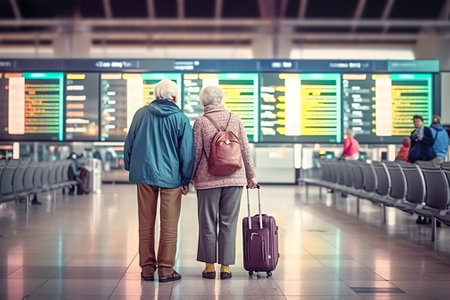 Generative AI : Hands using blank screen mobile smart phone with blurred background of people walking at the airportの素材