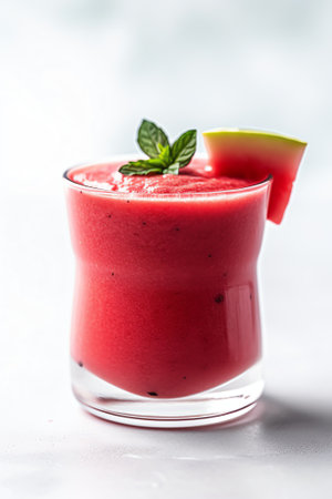 Generative AI : Healthy vegetable smoothie made of red ripe tomatoes smoothies on white tableの素材