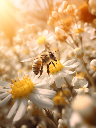 Generative AI : Life and motivation quote about self esteem or self confidence THE FLOWER DOESNT DREAM OF THE BEE IT BLOSSOMS AND TH BEE COMES with macro image of bee on chamomileの素材
