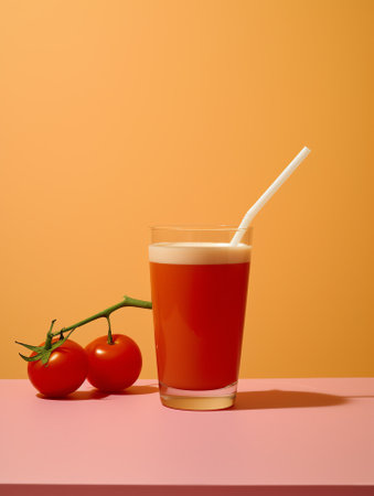 Generative AI : Healthy vegetable smoothie made of red ripe tomatoes smoothies on white tableの素材